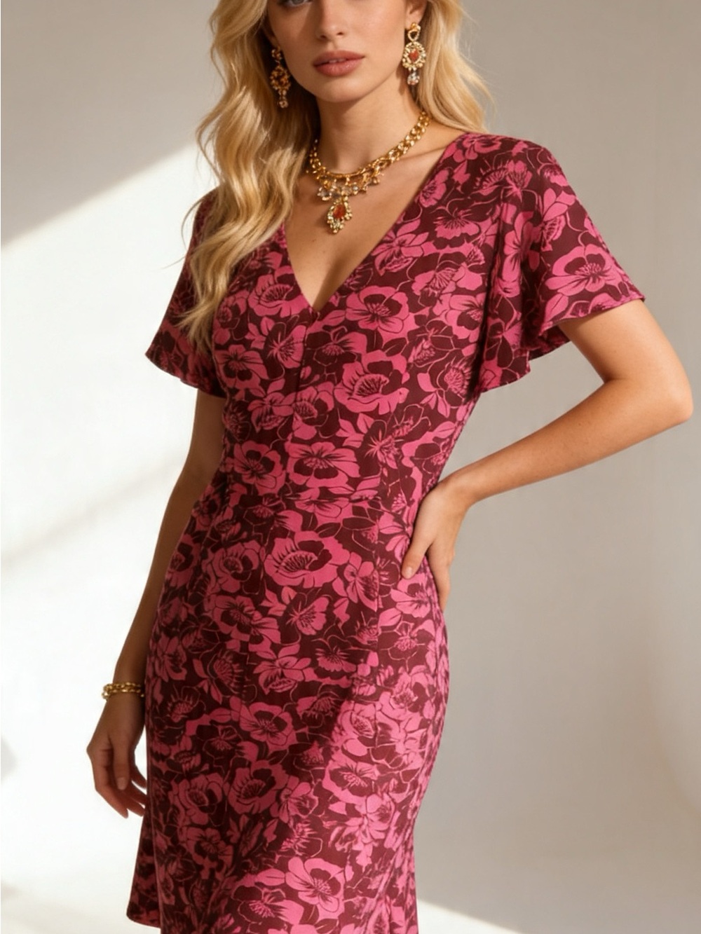 Lane Bryant Pink & Burgundy Floral V-Neck Midi Dress